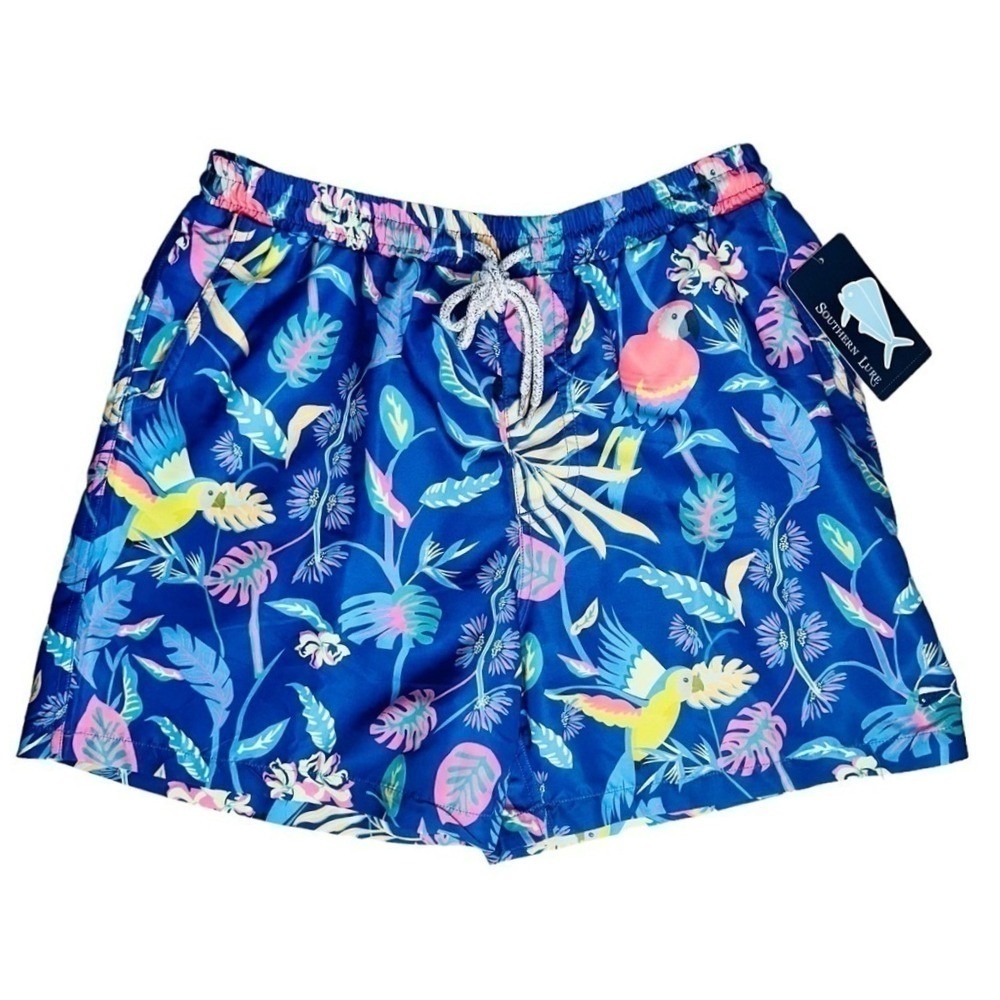 Southern Lure Mens Small Board Shorts Swim  Parrot Print Blue Lilac NWT